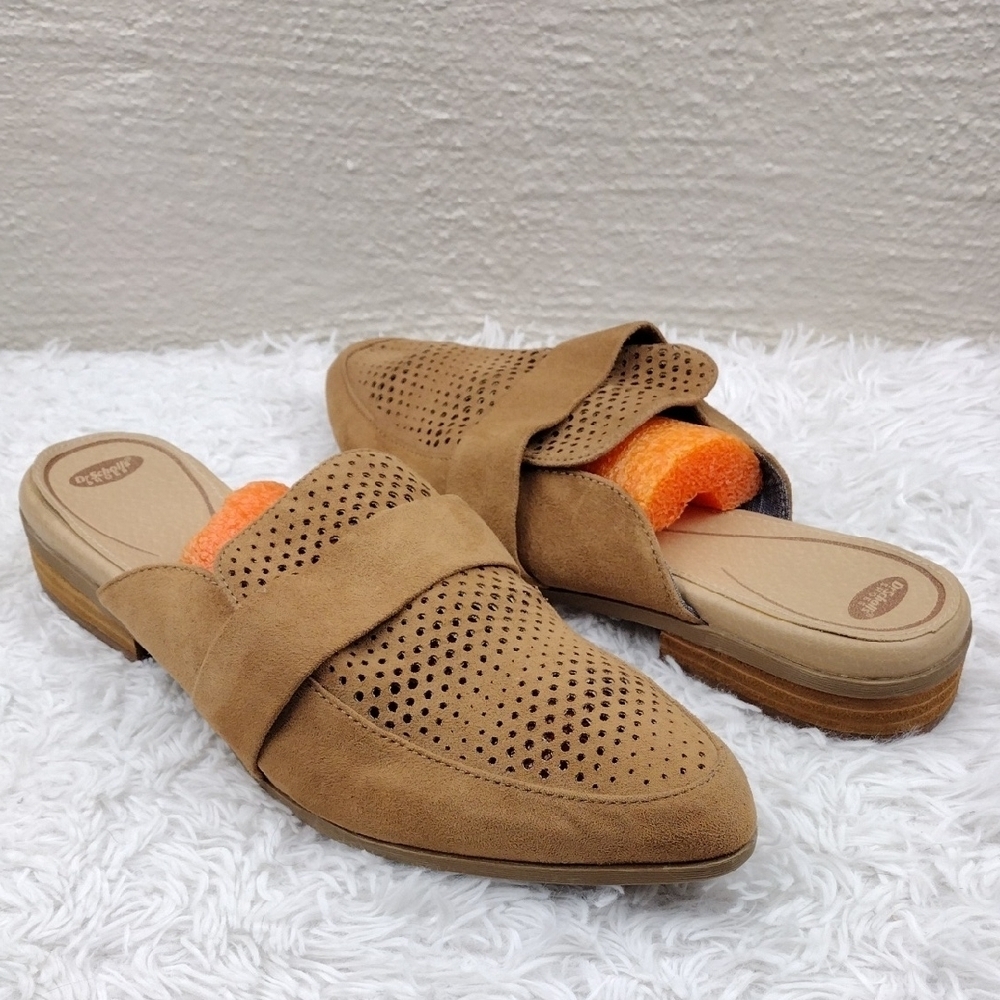 Dr. Scholl's Tan Leather Perforated Upper Pointed-Toe Low Heel Slip-On Mule Shoe